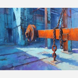 industrial, an industrial foreground built around chain pulley, a steel and shadow environment, chain pulley, steel blue and rust with warm furnace glow, textural and cinematic, foreground subject, impasto texture, textured strokes, atmospheric depth, oil painting, palette knife texture, impasto oil, thick paint, bold brushwork, soft glow, color contrast, layered depth, foreground focus, background gradient