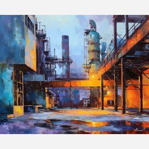 industrial, an industrial foreground built around abandoned plant, a steel and shadow environment, abandoned plant, steel blue and rust with warm furnace glow, textural and cinematic, foreground subject, impasto texture, textured strokes, atmospheric depth, oil painting, palette knife texture, impasto oil, thick paint, bold brushwork, soft glow, color contrast, layered depth, foreground focus, background gradient