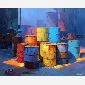 industrial, an industrial foreground built around oil drum row, a steel and shadow environment, oil drum row, steel blue and rust with warm furnace glow, textural and cinematic, foreground subject, impasto texture, textured strokes, atmospheric depth, oil painting, palette knife texture, impasto oil, thick paint, bold brushwork, soft glow, color contrast, layered depth, foreground focus, background gradient