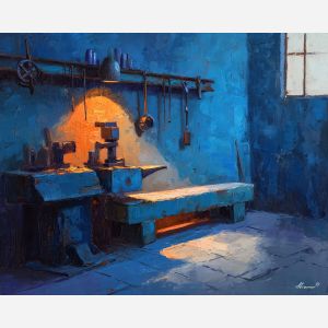 industrial, an industrial foreground built around welding bench, a steel and shadow environment, welding bench, steel blue and rust with warm furnace glow, textural and cinematic, foreground subject, impasto texture, textured strokes, atmospheric depth, oil painting, palette knife texture, impasto oil, thick paint, bold brushwork, soft glow, color contrast, layered depth, foreground focus, background gradient