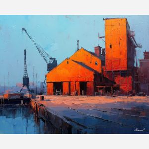 industrial, an industrial foreground built around dock warehouse, a steel and shadow environment, dock warehouse, steel blue and rust with warm furnace glow, textural and cinematic, foreground subject, impasto texture, textured strokes, atmospheric depth, oil painting, palette knife texture, impasto oil, thick paint, bold brushwork, soft glow, color contrast, layered depth, foreground focus, background gradient