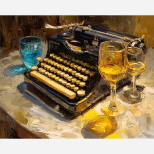 keyboard, a keyboard-focused still life with typewriter keyboard, a studio or performance setting, typewriter keyboard, ivory and black with warm gold and cobalt shadows, intimate and musical, foreground subject, impasto texture, textured strokes, atmospheric depth, oil painting, palette knife texture, impasto oil, thick paint, bold brushwork, soft glow, color contrast, layered depth, foreground focus, background gradient