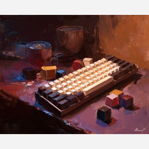 keyboard, a keyboard-focused still life with retro keycaps, a studio or performance setting, retro keycaps, ivory and black with warm gold and cobalt shadows, intimate and musical, foreground subject, impasto texture, textured strokes, atmospheric depth, oil painting, palette knife texture, impasto oil, thick paint, bold brushwork, soft glow, color contrast, layered depth, foreground focus, background gradient