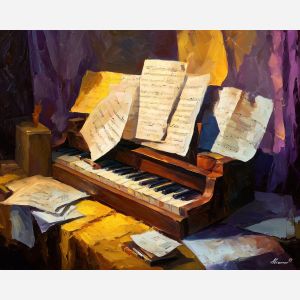 keyboard, a keyboard-focused still life with sheet music corner, a studio or performance setting, sheet music corner, ivory and black with warm gold and cobalt shadows, intimate and musical, foreground subject, impasto texture, textured strokes, atmospheric depth, oil painting, palette knife texture, impasto oil, thick paint, bold brushwork, soft glow, color contrast, layered depth, foreground focus, background gradient