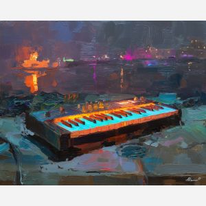 keyboard, a keyboard-focused still life with neon keyboard glow, a studio or performance setting, neon keyboard glow, ivory and black with warm gold and cobalt shadows, intimate and musical, foreground subject, impasto texture, textured strokes, atmospheric depth, oil painting, palette knife texture, impasto oil, thick paint, bold brushwork, soft glow, color contrast, layered depth, foreground focus, background gradient