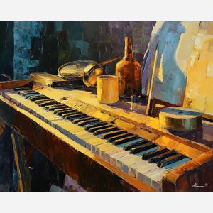 keyboard, a keyboard-focused still life with warm lamp keys, a studio or performance setting, warm lamp keys, ivory and black with warm gold and cobalt shadows, intimate and musical, foreground subject, impasto texture, textured strokes, atmospheric depth, oil painting, palette knife texture, impasto oil, thick paint, bold brushwork, soft glow, color contrast, layered depth, foreground focus, background gradient