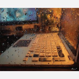 keyboard, a keyboard-focused still life with rain window keyboard, a studio or performance setting, rain window keyboard, ivory and black with warm gold and cobalt shadows, intimate and musical, foreground subject, impasto texture, textured strokes, atmospheric depth, oil painting, palette knife texture, impasto oil, thick paint, bold brushwork, soft glow, color contrast, layered depth, foreground focus, background gradient