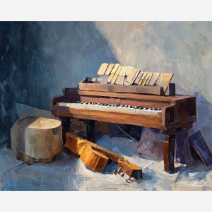 keyboard, a keyboard-focused still life with wooden keybed, a studio or performance setting, wooden keybed, ivory and black with warm gold and cobalt shadows, intimate and musical, foreground subject, impasto texture, textured strokes, atmospheric depth, oil painting, palette knife texture, impasto oil, thick paint, bold brushwork, soft glow, color contrast, layered depth, foreground focus, background gradient
