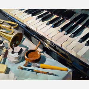 keyboard, a keyboard-focused still life with midnight instrument, a studio or performance setting, midnight instrument, ivory and black with warm gold and cobalt shadows, intimate and musical, foreground subject, impasto texture, textured strokes, atmospheric depth, oil painting, palette knife texture, impasto oil, thick paint, bold brushwork, soft glow, color contrast, layered depth, foreground focus, background gradient