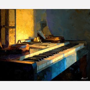 keyboard, a keyboard-focused still life with digital piano surface, a studio or performance setting, digital piano surface, ivory and black with warm gold and cobalt shadows, intimate and musical, foreground subject, impasto texture, textured strokes, atmospheric depth, oil painting, palette knife texture, impasto oil, thick paint, bold brushwork, soft glow, color contrast, layered depth, foreground focus, background gradient