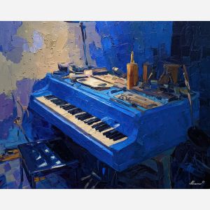 keyboard, a keyboard-focused still life with blue hour studio, a studio or performance setting, blue hour studio, ivory and black with warm gold and cobalt shadows, intimate and musical, foreground subject, impasto texture, textured strokes, atmospheric depth, oil painting, palette knife texture, impasto oil, thick paint, bold brushwork, soft glow, color contrast, layered depth, foreground focus, background gradient