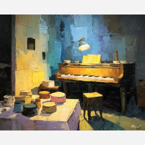 keyboard, a keyboard-focused still life with quiet rehearsal room, a studio or performance setting, quiet rehearsal room, ivory and black with warm gold and cobalt shadows, intimate and musical, foreground subject, impasto texture, textured strokes, atmospheric depth, oil painting, palette knife texture, impasto oil, thick paint, bold brushwork, soft glow, color contrast, layered depth, foreground focus, background gradient
