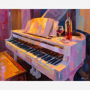 keyboard, a keyboard-focused still life with jazz bar keys, a studio or performance setting, jazz bar keys, ivory and black with warm gold and cobalt shadows, intimate and musical, foreground subject, impasto texture, textured strokes, atmospheric depth, oil painting, palette knife texture, impasto oil, thick paint, bold brushwork, soft glow, color contrast, layered depth, foreground focus, background gradient