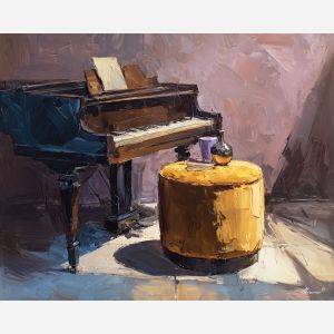 keyboard, a keyboard-focused still life with velvet stool, a studio or performance setting, velvet stool, ivory and black with warm gold and cobalt shadows, intimate and musical, foreground subject, impasto texture, textured strokes, atmospheric depth, oil painting, palette knife texture, impasto oil, thick paint, bold brushwork, soft glow, color contrast, layered depth, foreground focus, background gradient