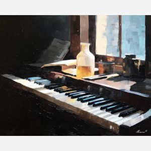 keyboard, a keyboard-focused still life with practice room window, a studio or performance setting, practice room window, ivory and black with warm gold and cobalt shadows, intimate and musical, foreground subject, impasto texture, textured strokes, atmospheric depth, oil painting, palette knife texture, impasto oil, thick paint, bold brushwork, soft glow, color contrast, layered depth, foreground focus, background gradient
