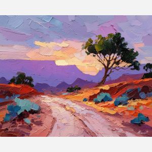 kokopelli, a Kokopelli-inspired desert scene with dusty trail, a Southwestern desert setting, dusty trail, turquoise and terracotta with deep violet dusk, mythic and desert warm, foreground subject, impasto texture, textured strokes, atmospheric depth, oil painting, palette knife texture, impasto oil, thick paint, bold brushwork, soft glow, color contrast, layered depth, foreground focus, background gradient