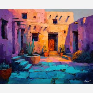 kokopelli, a Kokopelli-inspired desert scene with adobe courtyard, a Southwestern desert setting, adobe courtyard, turquoise and terracotta with deep violet dusk, mythic and desert warm, foreground subject, impasto texture, textured strokes, atmospheric depth, oil painting, palette knife texture, impasto oil, thick paint, bold brushwork, soft glow, color contrast, layered depth, foreground focus, background gradient