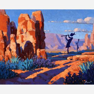 kokopelli, a Kokopelli-inspired desert scene with flute shadow, a Southwestern desert setting, flute shadow, turquoise and terracotta with deep violet dusk, mythic and desert warm, foreground subject, impasto texture, textured strokes, atmospheric depth, oil painting, palette knife texture, impasto oil, thick paint, bold brushwork, soft glow, color contrast, layered depth, foreground focus, background gradient