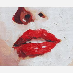 lip, a close portrait scene focused on red lipstick closeup, a portrait or fashion setting, red lipstick closeup, crimson and coral with charcoal and cream highlights, glamorous and dramatic, foreground subject, impasto texture, textured strokes, atmospheric depth, oil painting, palette knife texture, impasto oil, thick paint, bold brushwork, soft glow, color contrast, layered depth, foreground focus, background gradient