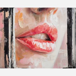 lip, a close portrait scene focused on fashion studio lips, a portrait or fashion setting, fashion studio lips, crimson and coral with charcoal and cream highlights, glamorous and dramatic, foreground subject, impasto texture, textured strokes, atmospheric depth, oil painting, palette knife texture, impasto oil, thick paint, bold brushwork, soft glow, color contrast, layered depth, foreground focus, background gradient