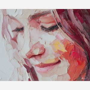 lip, a close portrait scene focused on soft smile detail, a portrait or fashion setting, soft smile detail, crimson and coral with charcoal and cream highlights, glamorous and dramatic, foreground subject, impasto texture, textured strokes, atmospheric depth, oil painting, palette knife texture, impasto oil, thick paint, bold brushwork, soft glow, color contrast, layered depth, foreground focus, background gradient