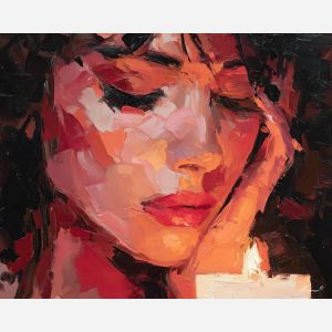 lip, a close portrait scene focused on candlelit lips, a portrait or fashion setting, candlelit lips, crimson and coral with charcoal and cream highlights, glamorous and dramatic, foreground subject, impasto texture, textured strokes, atmospheric depth, oil painting, palette knife texture, impasto oil, thick paint, bold brushwork, soft glow, color contrast, layered depth, foreground focus, background gradient