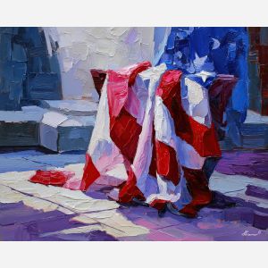 memorial day, a Memorial Day composition centered on folded banner, a commemorative outdoor setting, folded banner, deep red bright white and cobalt blue, quietly proud and reflective, foreground subject, impasto texture, textured strokes, atmospheric depth, oil painting, palette knife texture, impasto oil, thick paint, bold brushwork, soft glow, color contrast, layered depth, foreground focus, background gradient