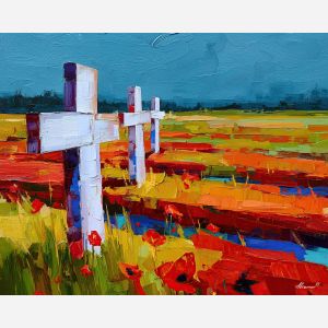 memorial day, a Memorial Day composition centered on crosses in field, a commemorative outdoor setting, crosses in field, deep red bright white and cobalt blue, quietly proud and reflective, foreground subject, impasto texture, textured strokes, atmospheric depth, oil painting, palette knife texture, impasto oil, thick paint, bold brushwork, soft glow, color contrast, layered depth, foreground focus, background gradient