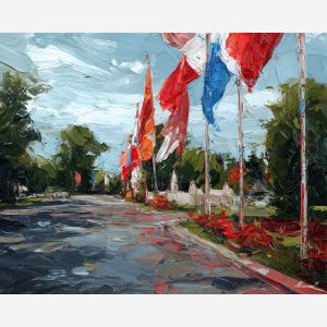 memorial day, a Memorial Day composition centered on avenue flags, a commemorative outdoor setting, avenue flags, deep red bright white and cobalt blue, quietly proud and reflective, foreground subject, impasto texture, textured strokes, atmospheric depth, oil painting, palette knife texture, impasto oil, thick paint, bold brushwork, soft glow, color contrast, layered depth, foreground focus, background gradient