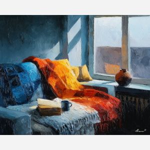nordic, a Nordic atmospheric scene built around wool blanket still life, a northern landscape or interior, wool blanket still life, cool blue gray with warm amber window light, calm and atmospheric, foreground subject, impasto texture, textured strokes, atmospheric depth, oil painting, palette knife texture, impasto oil, thick paint, bold brushwork, soft glow, color contrast, layered depth, foreground focus, background gradient