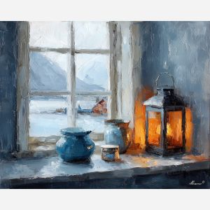 nordic, a Nordic atmospheric scene built around lantern window, a northern landscape or interior, lantern window, cool blue gray with warm amber window light, calm and atmospheric, foreground subject, impasto texture, textured strokes, atmospheric depth, oil painting, palette knife texture, impasto oil, thick paint, bold brushwork, soft glow, color contrast, layered depth, foreground focus, background gradient