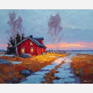 nordic, a Nordic atmospheric scene built around red cottage, a northern landscape or interior, red cottage, cool blue gray with warm amber window light, calm and atmospheric, foreground subject, impasto texture, textured strokes, atmospheric depth, oil painting, palette knife texture, impasto oil, thick paint, bold brushwork, soft glow, color contrast, layered depth, foreground focus, background gradient