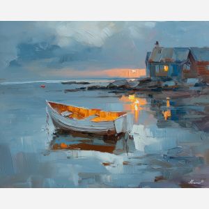 nordic, a Nordic atmospheric scene built around wooden boat, a northern landscape or interior, wooden boat, cool blue gray with warm amber window light, calm and atmospheric, foreground subject, impasto texture, textured strokes, atmospheric depth, oil painting, palette knife texture, impasto oil, thick paint, bold brushwork, soft glow, color contrast, layered depth, foreground focus, background gradient
