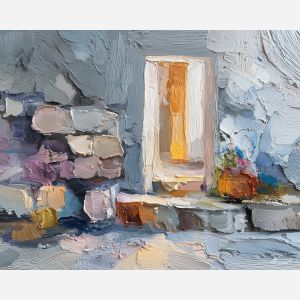 nordic, a Nordic atmospheric scene built around stone hearth, a northern landscape or interior, stone hearth, cool blue gray with warm amber window light, calm and atmospheric, foreground subject, impasto texture, textured strokes, atmospheric depth, oil painting, palette knife texture, impasto oil, thick paint, bold brushwork, soft glow, color contrast, layered depth, foreground focus, background gradient