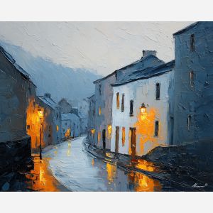 nordic, a Nordic atmospheric scene built around rainy village lane, a northern landscape or interior, rainy village lane, cool blue gray with warm amber window light, calm and atmospheric, foreground subject, impasto texture, textured strokes, atmospheric depth, oil painting, palette knife texture, impasto oil, thick paint, bold brushwork, soft glow, color contrast, layered depth, foreground focus, background gradient