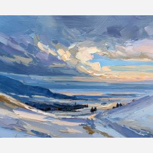 nordic, a Nordic atmospheric scene built around aurora ridge, a northern landscape or interior, aurora ridge, cool blue gray with warm amber window light, calm and atmospheric, foreground subject, impasto texture, textured strokes, atmospheric depth, oil painting, palette knife texture, impasto oil, thick paint, bold brushwork, soft glow, color contrast, layered depth, foreground focus, background gradient