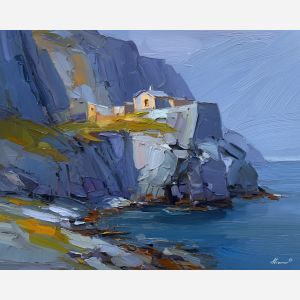 nordic, a Nordic atmospheric scene built around coastal cliff, a northern landscape or interior, coastal cliff, cool blue gray with warm amber window light, calm and atmospheric, foreground subject, impasto texture, textured strokes, atmospheric depth, oil painting, palette knife texture, impasto oil, thick paint, bold brushwork, soft glow, color contrast, layered depth, foreground focus, background gradient