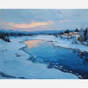 nordic, a Nordic atmospheric scene built around frozen river, a northern landscape or interior, frozen river, cool blue gray with warm amber window light, calm and atmospheric, foreground subject, impasto texture, textured strokes, atmospheric depth, oil painting, palette knife texture, impasto oil, thick paint, bold brushwork, soft glow, color contrast, layered depth, foreground focus, background gradient