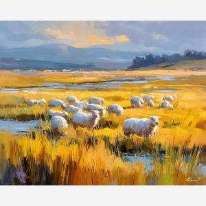 nordic, a Nordic atmospheric scene built around sheep pasture, a northern landscape or interior, sheep pasture, cool blue gray with warm amber window light, calm and atmospheric, foreground subject, impasto texture, textured strokes, atmospheric depth, oil painting, palette knife texture, impasto oil, thick paint, bold brushwork, soft glow, color contrast, layered depth, foreground focus, background gradient