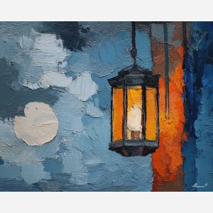 nordic, a Nordic atmospheric scene built around iron lantern, a northern landscape or interior, iron lantern, cool blue gray with warm amber window light, calm and atmospheric, foreground subject, impasto texture, textured strokes, atmospheric depth, oil painting, palette knife texture, impasto oil, thick paint, bold brushwork, soft glow, color contrast, layered depth, foreground focus, background gradient