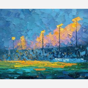 soccer, a soccer scene with stadium lights, a field or stadium setting, stadium lights, emerald field green with warm stadium gold and navy shade, energetic and nostalgic, foreground subject, impasto texture, textured strokes, atmospheric depth, oil painting, palette knife texture, impasto oil, thick paint, bold brushwork, soft glow, color contrast, layered depth, foreground focus, background gradient