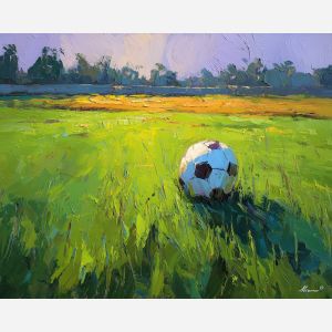 soccer, a soccer scene with ball on grass, a field or stadium setting, ball on grass, emerald field green with warm stadium gold and navy shade, energetic and nostalgic, foreground subject, impasto texture, textured strokes, atmospheric depth, oil painting, palette knife texture, impasto oil, thick paint, bold brushwork, soft glow, color contrast, layered depth, foreground focus, background gradient