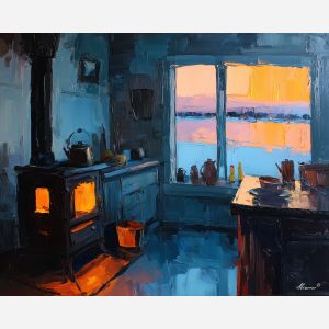 nordic, a Nordic atmospheric scene built around wood stove glow, a northern landscape or interior, wood stove glow, cool blue gray with warm amber window light, calm and atmospheric, foreground subject, impasto texture, textured strokes, atmospheric depth, oil painting, palette knife texture, impasto oil, thick paint, bold brushwork, soft glow, color contrast, layered depth, foreground focus, background gradient
