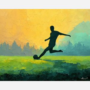 soccer, a soccer scene with mid-kick silhouette, a field or stadium setting, mid-kick silhouette, emerald field green with warm stadium gold and navy shade, energetic and nostalgic, foreground subject, impasto texture, textured strokes, atmospheric depth, oil painting, palette knife texture, impasto oil, thick paint, bold brushwork, soft glow, color contrast, layered depth, foreground focus, background gradient