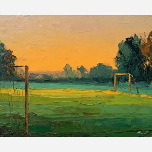 soccer, a soccer scene with sunset field, a field or stadium setting, sunset field, emerald field green with warm stadium gold and navy shade, energetic and nostalgic, foreground subject, impasto texture, textured strokes, atmospheric depth, oil painting, palette knife texture, impasto oil, thick paint, bold brushwork, soft glow, color contrast, layered depth, foreground focus, background gradient