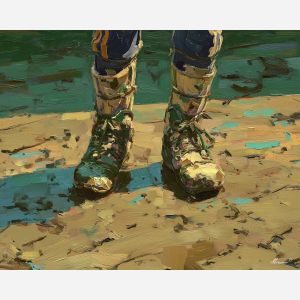 soccer, a soccer scene with muddy boots, a field or stadium setting, muddy boots, emerald field green with warm stadium gold and navy shade, energetic and nostalgic, foreground subject, impasto texture, textured strokes, atmospheric depth, oil painting, palette knife texture, impasto oil, thick paint, bold brushwork, soft glow, color contrast, layered depth, foreground focus, background gradient