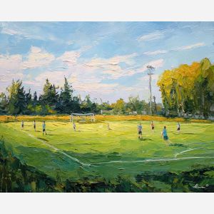 soccer, a soccer scene with youth field, a field or stadium setting, youth field, emerald field green with warm stadium gold and navy shade, energetic and nostalgic, foreground subject, impasto texture, textured strokes, atmospheric depth, oil painting, palette knife texture, impasto oil, thick paint, bold brushwork, soft glow, color contrast, layered depth, foreground focus, background gradient