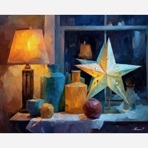 star, a star themed composition featuring window star lamp, a night or still life setting, window star lamp, midnight blue with silver and warm gold highlights, quietly luminous, foreground subject, impasto texture, textured strokes, atmospheric depth, oil painting, palette knife texture, impasto oil, thick paint, bold brushwork, soft glow, color contrast, layered depth, foreground focus, background gradient