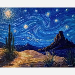 star, a star themed composition featuring desert starlight, a night or still life setting, desert starlight, midnight blue with silver and warm gold highlights, quietly luminous, foreground subject, impasto texture, textured strokes, atmospheric depth, oil painting, palette knife texture, impasto oil, thick paint, bold brushwork, soft glow, color contrast, layered depth, foreground focus, background gradient