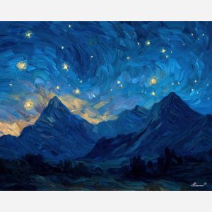 star, a star themed composition featuring mountain stars, a night or still life setting, mountain stars, midnight blue with silver and warm gold highlights, quietly luminous, foreground subject, impasto texture, textured strokes, atmospheric depth, oil painting, palette knife texture, impasto oil, thick paint, bold brushwork, soft glow, color contrast, layered depth, foreground focus, background gradient